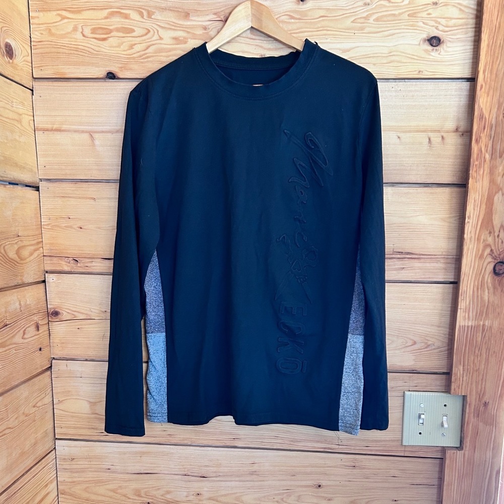 Vintage Long Sleeve Tee Large Black Grey Embossed Cursive Marc Ecko Cut & Sew